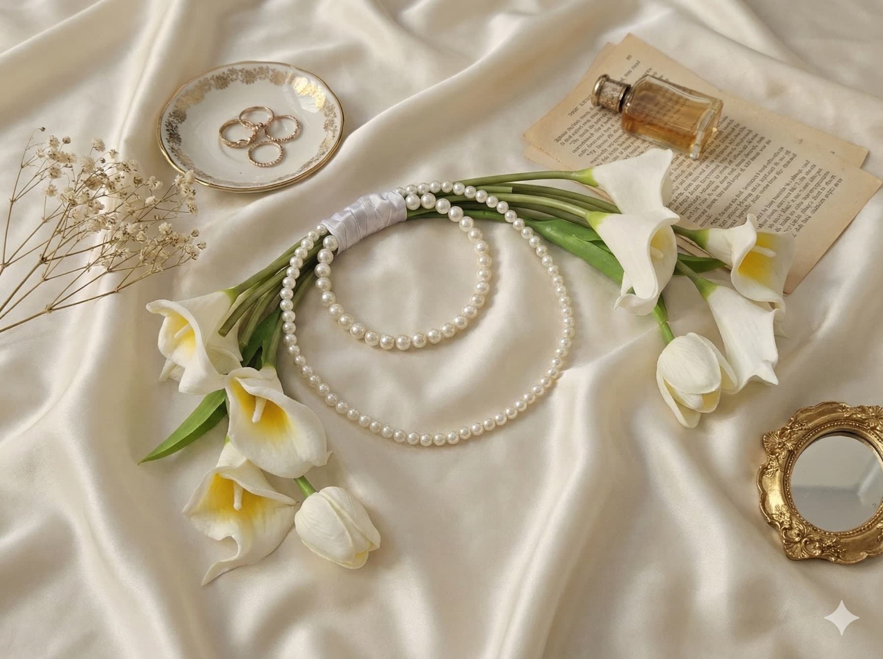 White lilies and pearls laid on cream silk