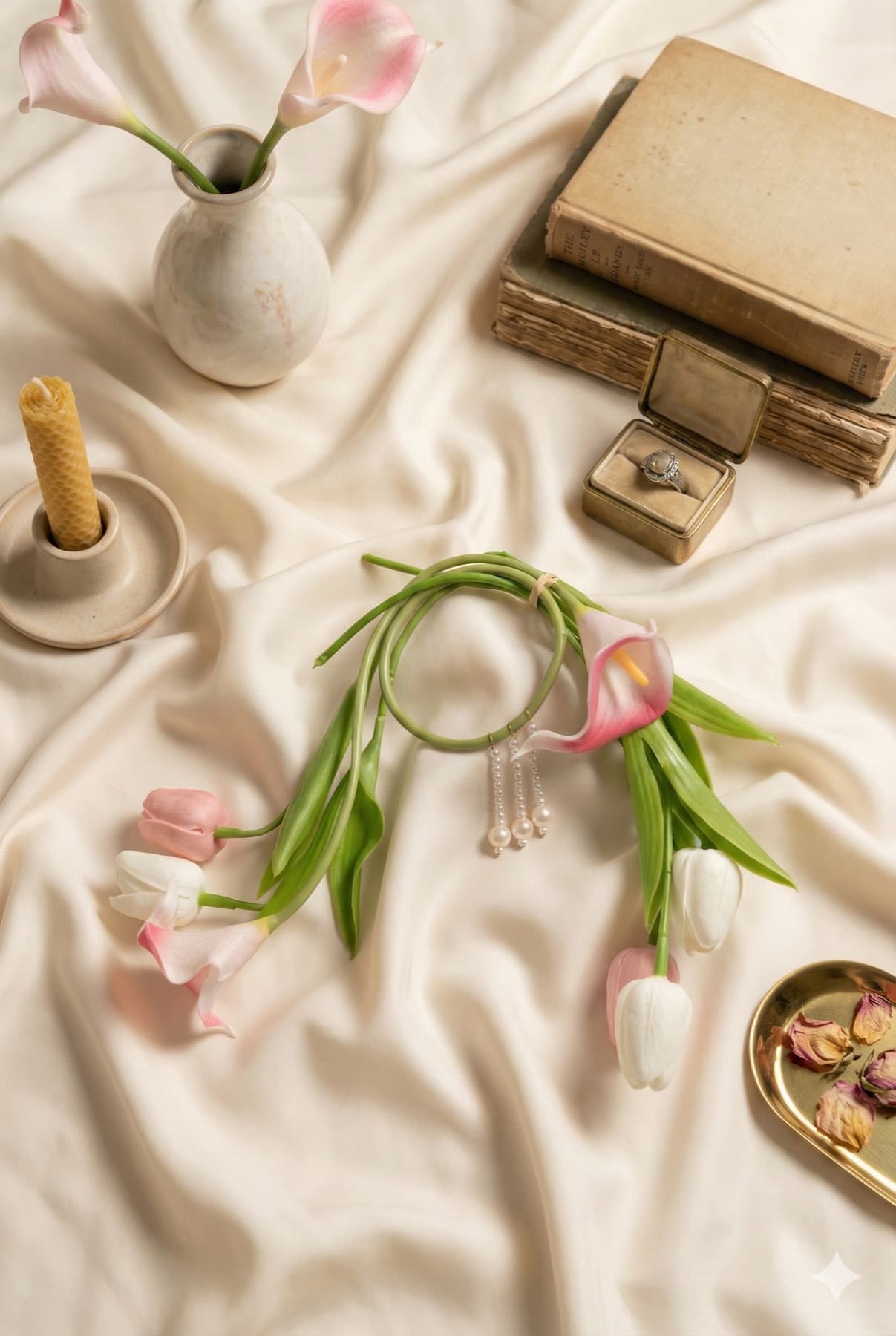 Flatlay of a tulip purse bouquet with a candle and old books