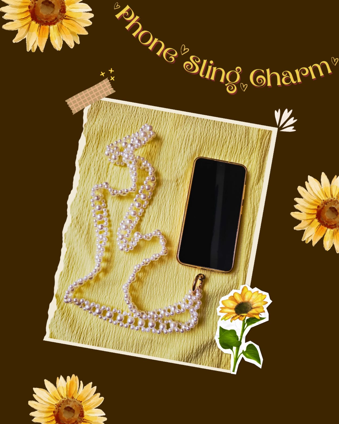 Beaded pearl phone sling laid beside a phone